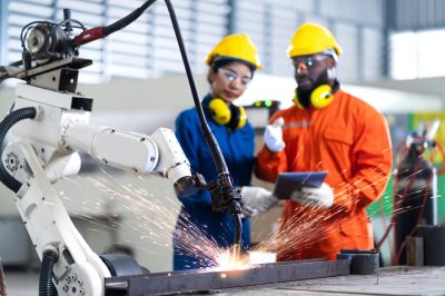 engineer cooperation male and female technician maintenance control relay robot arm system welding with tablet laptop to control quality operate process work heavy industry 4.0 manufacturing factory